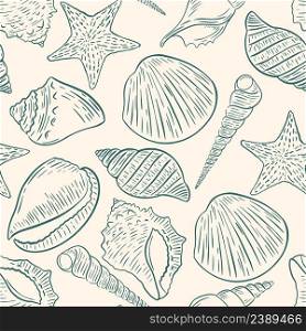 Seashells seamless pattern. Background with marine underwater inhabitants. Oceanic template for wallpaper, fabric, paper and design vector illustration. Seashells seamless pattern vector illustration