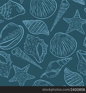 Seashells seamless pattern. Blue background with sketch clams and sea shells. Beautiful underwater template for fabric, paper, wallpaper and packaging design vector illustration