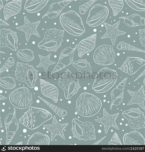 Seashells vintage seamless pattern. Background with shells and clams vector illustration. Template for fabric, packaging, paper and design. Seashells vintage seamless pattern