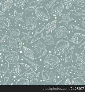 Seashells vintage seamless pattern. Background with shells and clams vector illustration. Template for fabric, packaging, paper and design. Seashells vintage seamless pattern