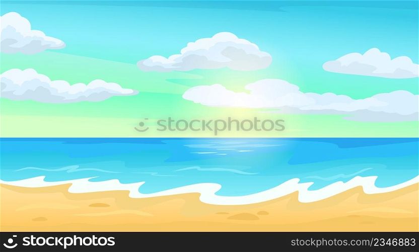 Seashore landscape, tropical sea coast, seascape on sunny day. Summer beach paradise scene, exotic island vacation vector illustration. Ocean, blue sky with clouds and sand for rest. Seashore landscape, tropical sea coast, seascape on sunny day. Summer beach paradise scene, exotic island vacation vector illustration