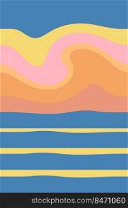 Seaside abstract backdrop with sunset sky. Groovy waves texture for poster, flyer, banner. Vertical background marine illustration for decor and design.