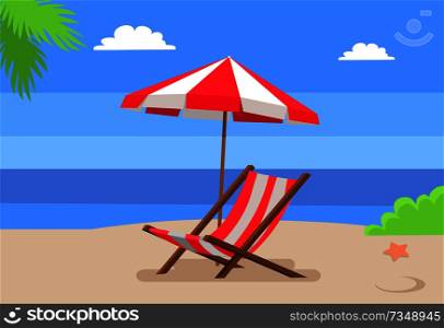 Seaside and hammock-chair under umbrella, palm tree leaves seastar on hot sand, seascape view, background of sea, empty seat for rest vector. Seaside and Hammock-Chair Under Umbrella Palm Tree