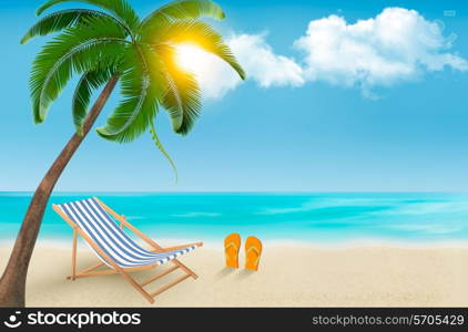 Seaside background with a beach chair and flip-flops. Vector illustration