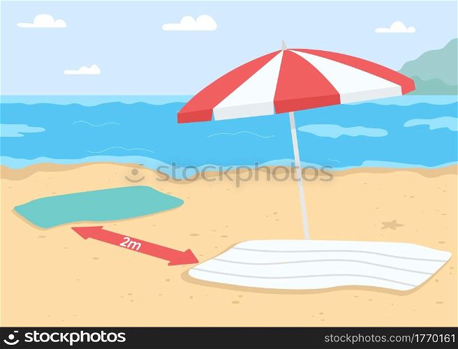 Seaside beach vacation with coronavirus restrictions flat color vector illustration. New normal for travel. Sunbathing under umbrella. Sand 2D cartoon beach with seascape on background. Beach vacation with coronavirus restrictions flat color vector illustration