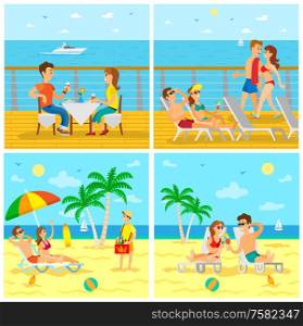 Seaside holidays and vacation vector, people having fun by beach eating in restaurant. Relaxing by sea, sunbathing and drinking alcoholic beverages. Tourism and Sightseeing, Summer Vacation by Sea