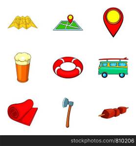 Seaside icons set. Cartoon set of 9 seaside vector icons for web isolated on white background. Seaside icons set, cartoon style