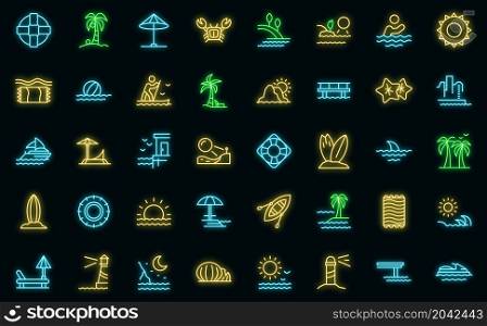 Seaside icons set. Outline set of seaside vector icons neon color on black. Seaside icons set vector neon