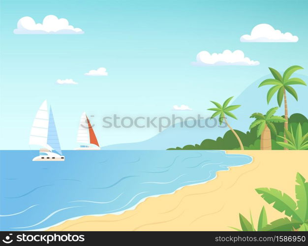 Seaside landscape. Summer beach with palm trees sailboats adventure cartoon outdoor background. Illustration of summer beach sea with sailboat. Seaside landscape. Summer beach with palm trees sailboats adventure cartoon outdoor background