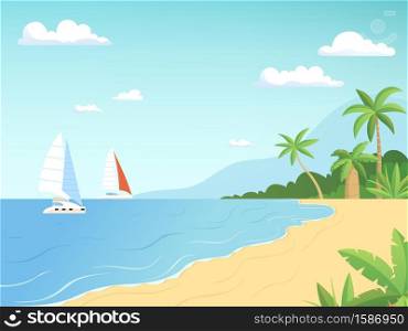 Seaside landscape. Summer beach with palm trees sailboats adventure cartoon outdoor background. Illustration of summer beach sea with sailboat. Seaside landscape. Summer beach with palm trees sailboats adventure cartoon outdoor background