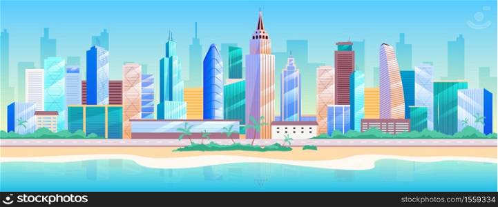 Seaside metropolis flat color vector illustration. Modern 2D cartoon cityscape with skyscrapers on background. Urban resort, summer recreation. City landscape with building near beach. Seaside metropolis flat color vector illustration