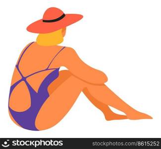 Seaside resort and beach vacation, summertime season, sunbathing lady in swimwear. Tanning and relaxing in tropical country, leisure and pastime for girl. Stylish female character, vector in flat. Woman in swimming suit and hat sitting by beach