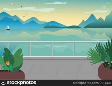 Seaside resort street flat color vector illustration. Waterfront terrace. Lake and mountains skyline. Picturesque nature view. Seafront 2D cartoon landscape with ocean at sunrise on background . ZIP file contains: EPS, JPG. If you are interested in custom design or want to make some adjustments to purchase the product, don&rsquo;t hesitate to contact us! bsd@bsdartfactory.com. Seaside resort street illustration
