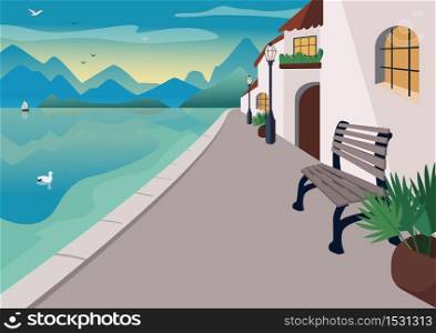 Seaside resort town flat color vector illustration. Waterfront street with mediterranean houses and bench. Seafront 2D cartoon landscape with mountains and ocean at sunset on background . ZIP file contains: EPS, JPG. If you are interested in custom design or want to make some adjustments to purchase the product, don&rsquo;t hesitate to contact us! bsd@bsdartfactory.com. Seaside resort town illustration