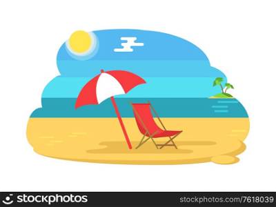 Seaside sunny coastline holiday vector. Seashore with umbrella giving shade and deck chair to relax. Shining sun and palm tree on island in distance. Seaside Coastline Holiday Vector Illustration