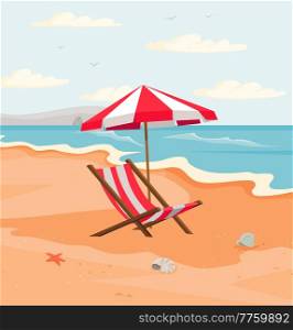 Seaside vacation vector illustration. Empty sun loungers and umbrella, on hot sand. Traveling in exotic, island, country. Tropical paradise with ocean waves. Seascape with resting place for tourists. Seascape with resting place for tourists. Empty sun loungers and umbrella, on hot sand near ocean