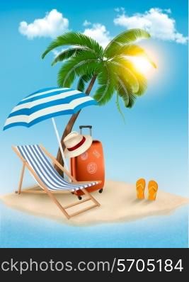 Seaside view with a palm tree, beach chair and parasol. Summer vacation concept background. Vector.