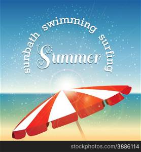 Seaside view with beach umbrella. Sun rays and summer lettering. Only free font used.