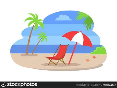 Seaside water and beach isolated vector. Coastline with sea and palm trees, bushes growing on sand. Umbrella and chaise deck chair, starfish on ground. Seaside Water Beach Isolated Vector Illustration