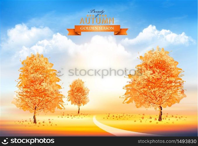 Season autumn background with gold trees and sunset sky with transparent clouds. Vector illustration