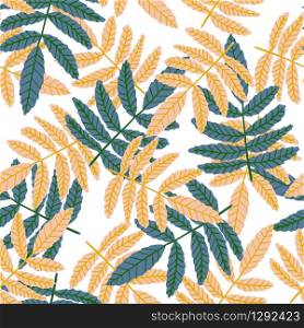 Season botanical leaf wallpaper. Seamless pattern with vintage branch leaves on white background. Design for fabric, textile print, wrapping paper, fashion, interior, cover. Retro vector illustration. Season botanical leaf wallpaper. Seamless pattern with vintage branch leaves on white background.