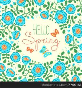 Season card Hello Spring with cute flowers and butterflies. Vector illustration.. Season card Hello Spring with cute flowers and butterflies.