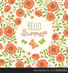 Season card Hello Summer with cute flowers and butterflies. Vector illustration.. Season card Hello Summer with cute flowers and butterflies