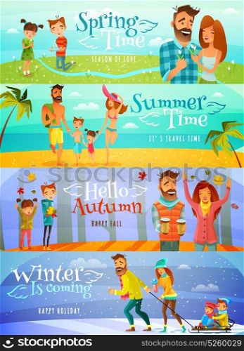 Season Family Banners. Horizontal cartoon banners with happy family spending time together in different seasons isolated vector illustration