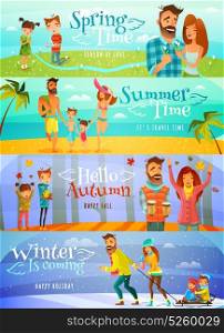 Season Family Banners. Horizontal cartoon banners with happy family spending time together in different seasons isolated vector illustration