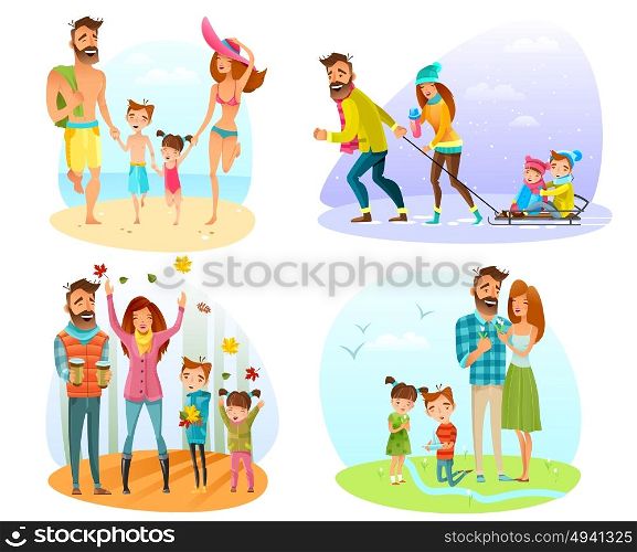 Season Family Set. Happy family spending good time in different seasons isolated on white background cartoon vector illustration