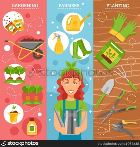 Season gardening 3 flat horizontal vertical set banners set with farmer wife holding watering pot abstract vector illustration. Farmers Gardening 3 Flat Banners Set
