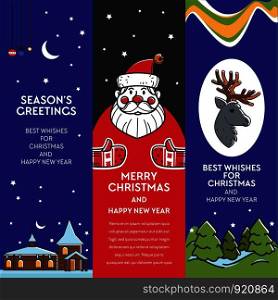 Season greeting from Santa Claus winter holiday character vector. Best wishes and happy new year, reindeer animal, night view of stars, wooden house and moon. Evergreen trees growing in forest. Season greeting from Santa Claus winter holiday character