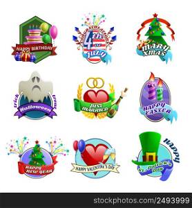 Season holidays weddings celebration and birthday parties colorful cartoon style emblems for invitations and greetings isolated vector illustrations . Holydays Celebrations Emblems Collection