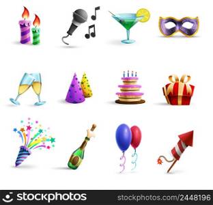 Season holidays weddings celebration and birthday parties icons set with champagne glasses and balloons abstract vector illustrations . Celebration Colorful Cartoon Style Icons Set