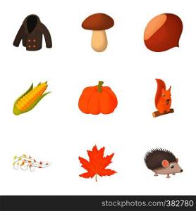 Season of year autumn icons set. Cartoon illustration of 9 season of year autumn vector icons for web. Season of year autumn icons set, cartoon style
