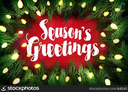 Season's greetings Christmas greeting card with pine wreath and holiday greetings on red