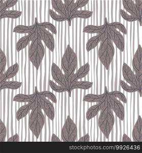 Season seamless pattern with grey colored leaf elements. Striped light background. Decorative backdrop for fabric design, textile print, wrapping, cover. Vector illustration. Season seamless pattern with grey colored leaf elements. Striped light background.