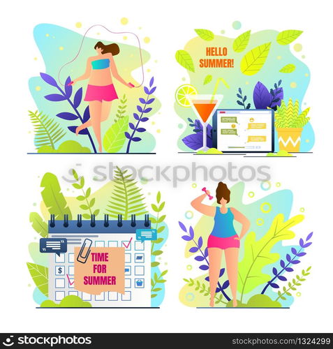 Season Special Card with Inscription Hello Summer. Sunny Nature Poster Written Time for Summer. Girl Likes to Jump Rope in Park. Desk Calendar with Holiday Date Marked. Vector Illustration.