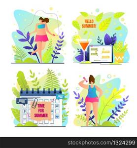 Season Special Card with Inscription Hello Summer. Sunny Nature Poster Written Time for Summer. Girl Likes to Jump Rope in Park. Desk Calendar with Holiday Date Marked. Vector Illustration.