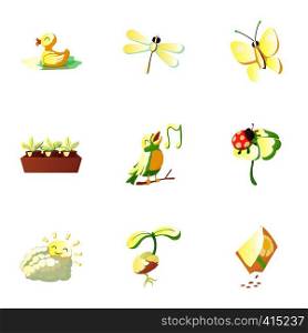 Season spring icons set. Cartoon illustration of 9 season spring vector icons for web. Season spring icons set, cartoon style