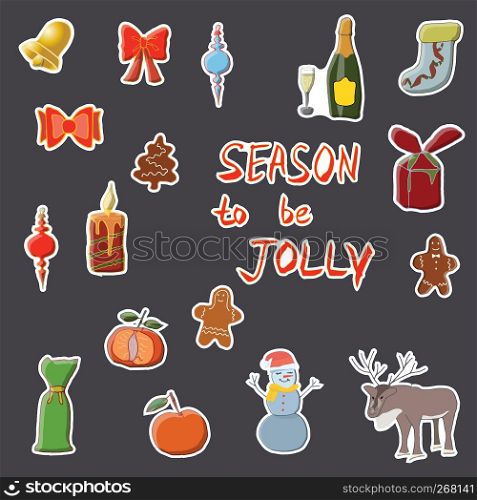 Season to be jolly hand drawn set of festive stickers.. Merry Christmas to Everyone, Stickers set.