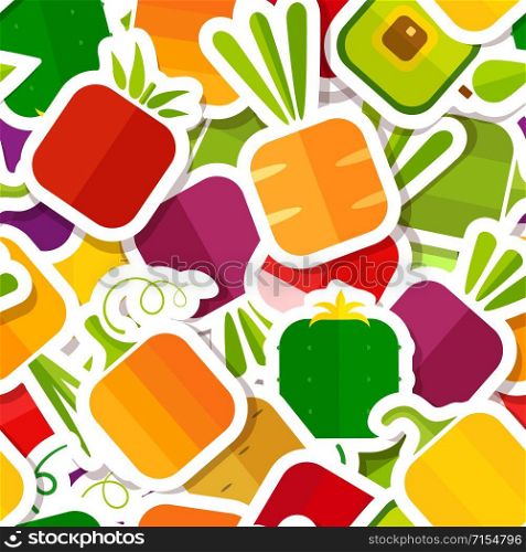 Season vegetable patch style seamless pattern. Trendy food design sticker background in modern colors with square garden vegetables. Cute vector illustration for social media promotion post design. Season vegetable patch style seamless pattern