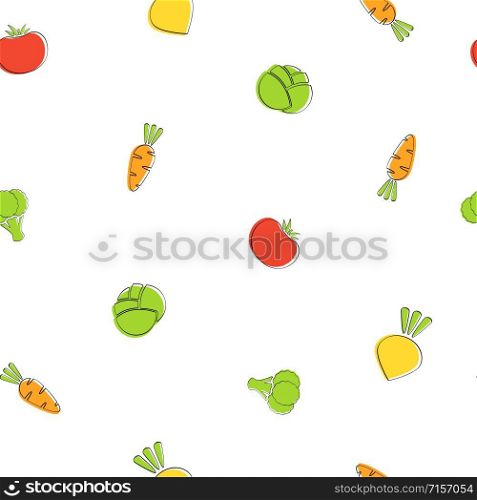 Season vegetable seamless background vector flat illustration. Fresh food background in natural colors with small carrot, tomato and cabbage, turnip and broccoli vegetable seamless element. Samll season vegetable seamless background graphic
