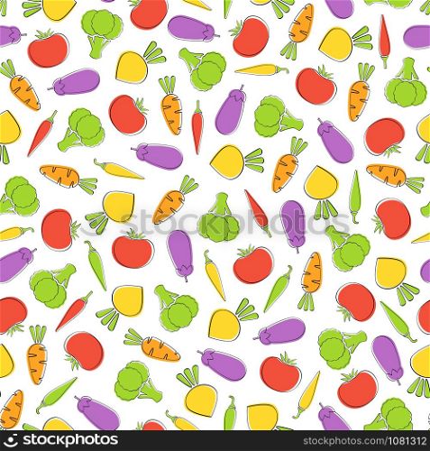 Season vegetable seamless background vector flat illustration. Modern seamless texture background design with with tomato and pepper, eggplant and carrot, pumpkin and garlic vegetable in natural color. Season vegetable seamless background illustration