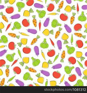 Season vegetable seamless background vector flat illustration. Modern seamless texture background design with with tomato and pepper, eggplant and carrot, pumpkin and garlic vegetable in natural color. Season vegetable seamless background illustration