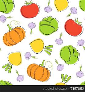 Season vegetable seamless pattern vector flat illustration. Natural colors food pattern design with pumpkin and cabbage, tomato, garlic and turnip vegetable seamless texture for healthy diet decor. Season vegetable seamless pattern vector graphic