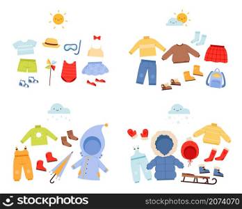 Season wardrobe. Casual clothes for different weather seasons pants jackets caps and scarf nowaday vector pictures. Illustration wardrobe spring, summer season. Season wardrobe. Casual clothes for different weather seasons pants jackets caps and scarf nowaday vector pictures