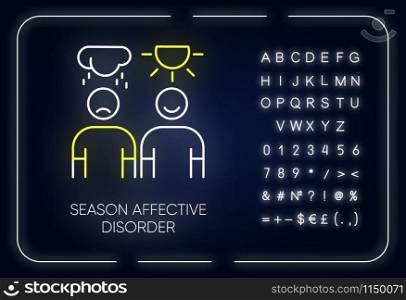 Seasonal affective disorder neon light icon. Mood swing. Emotional change. Manic and depressive episodes. Mental health. Glowing sign with alphabet, numbers and symbols. Vector isolated illustration