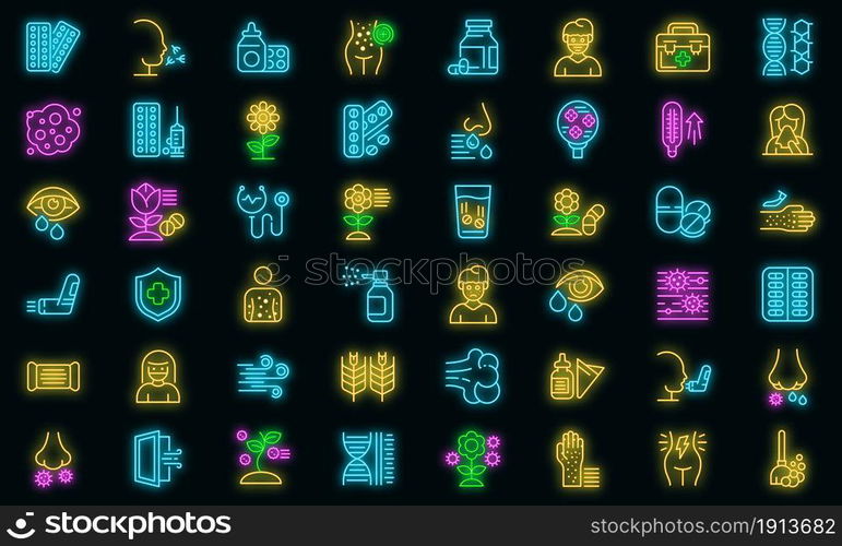 Seasonal allergy icons set. Outline set of seasonal allergy vector icons neon color on black. Seasonal allergy icons set vector neon