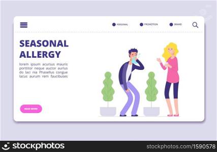Seasonal allergy vector illustration. Office man with allergy symptoms - health landing page, banner template. Allergy seasonal disease, man fever and sneeze symptom. Seasonal allergy vector illustration. Office man with allergy symptoms - health landing page, banner template